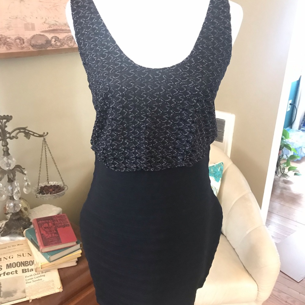 Form fitting party dress w/ black & silver detail